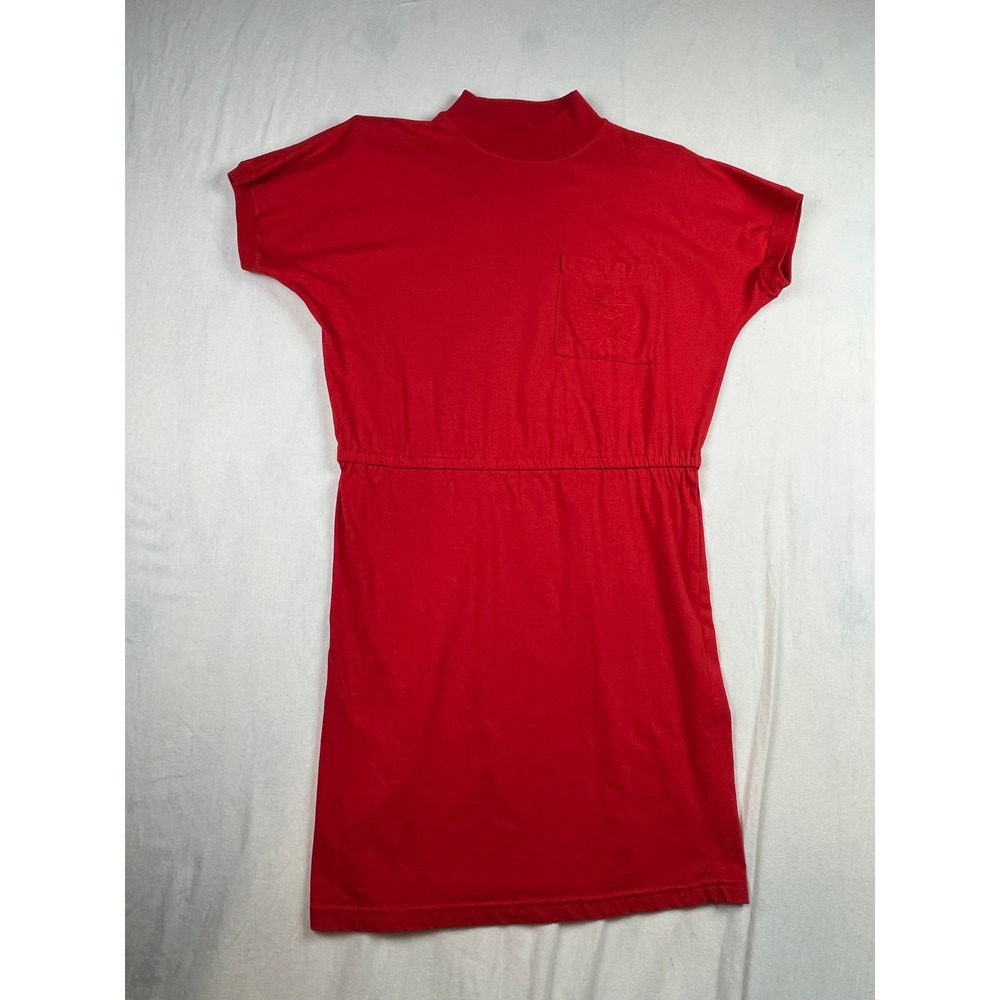 Vintage Mister Noah Red Mock Neck Knit Dress Elastic Waist Pocket Embroidered M